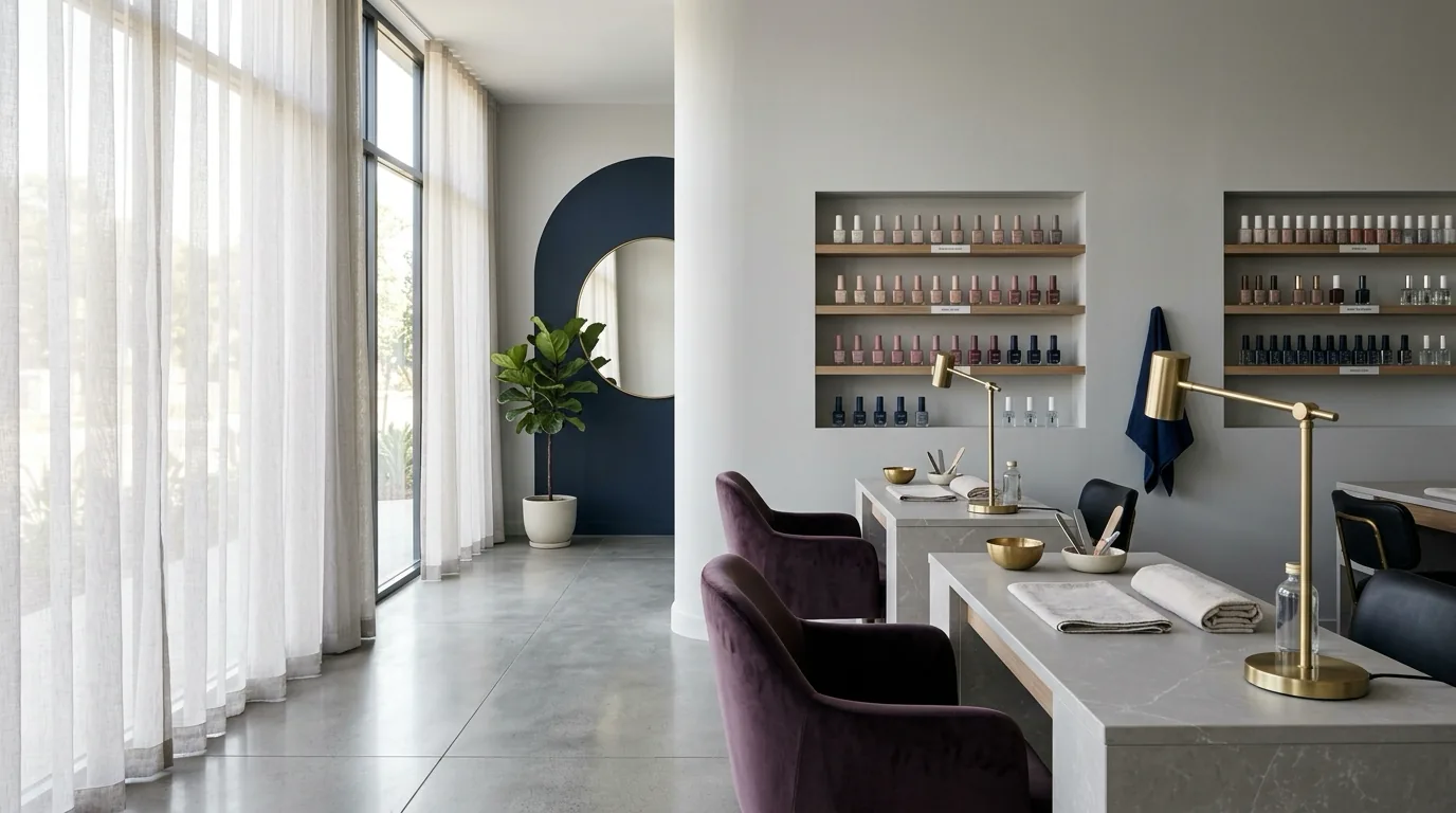 Jasne wnętrze studia manicure ze stanowiskami i półkami lakierów